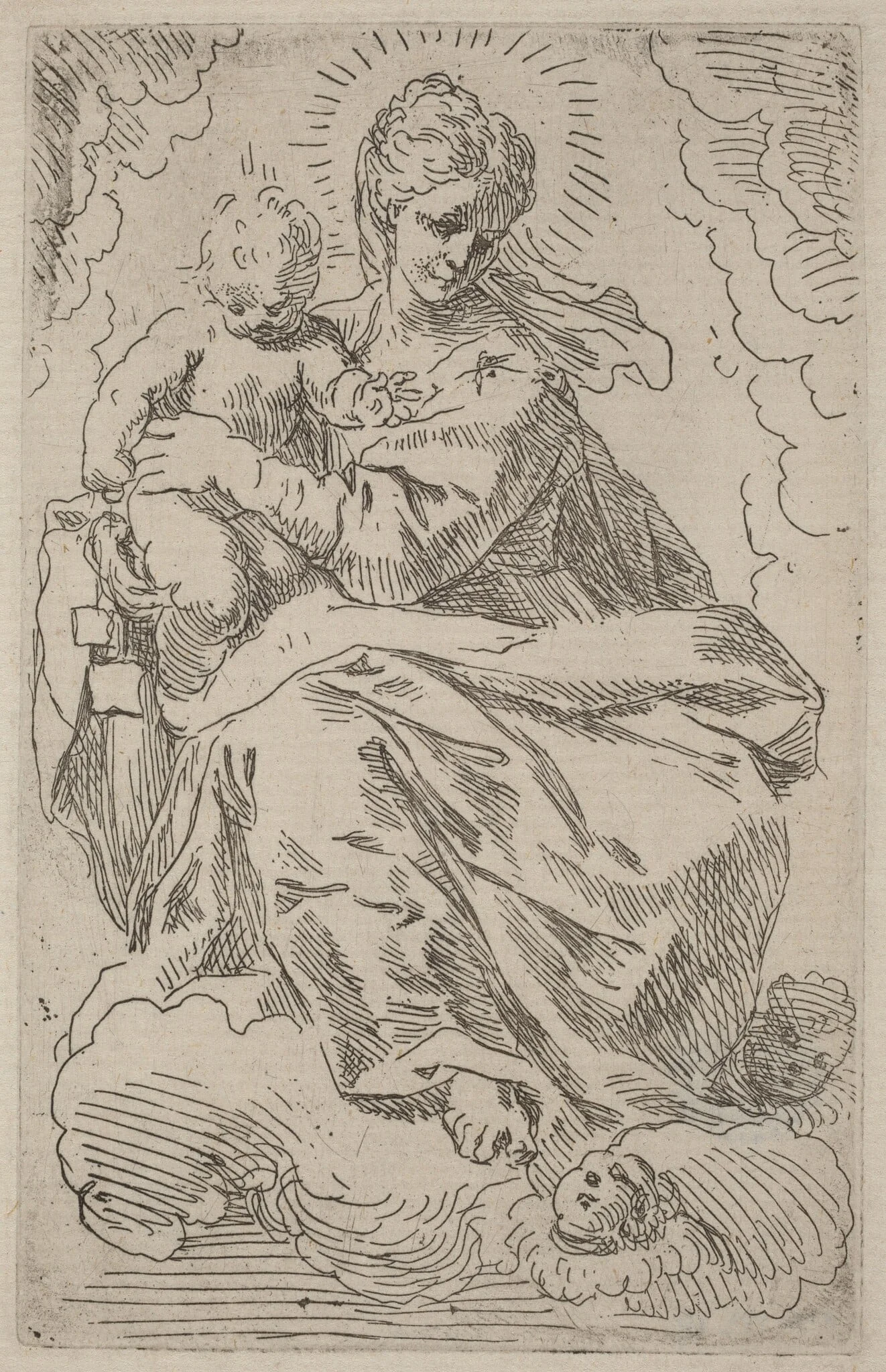 The Virgin and Child, by Simone Cantarini, ink, 1630