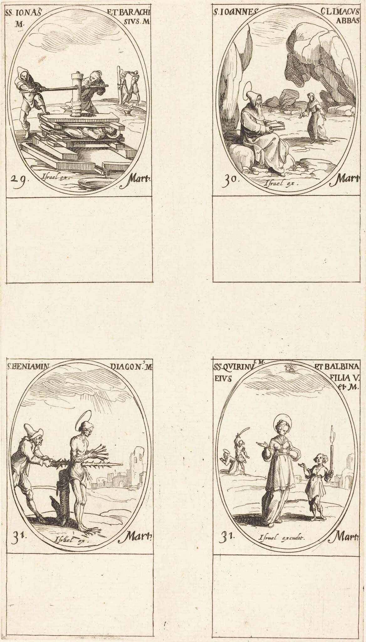 Sts. Jonas & Barachisius; St. John Climacus, Abbot; St. Benjamin; Sts. Quirinus & Bal, by Jacques Callot, ink, 1634