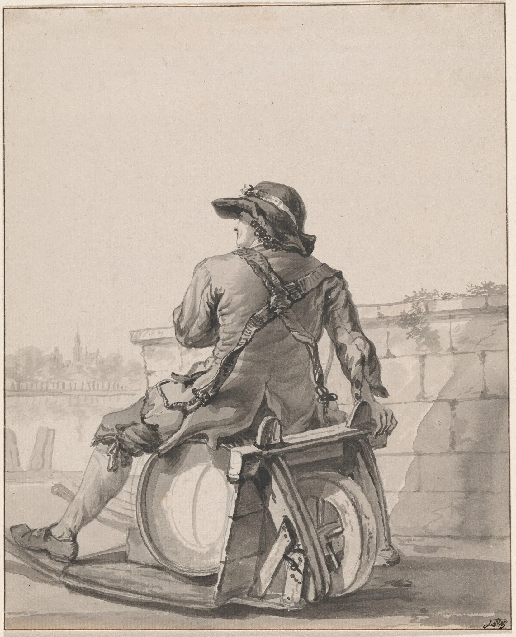 Man Sitting on a Cask on a Wheelbarrow, by Jacob van Strij, graphite, 1787