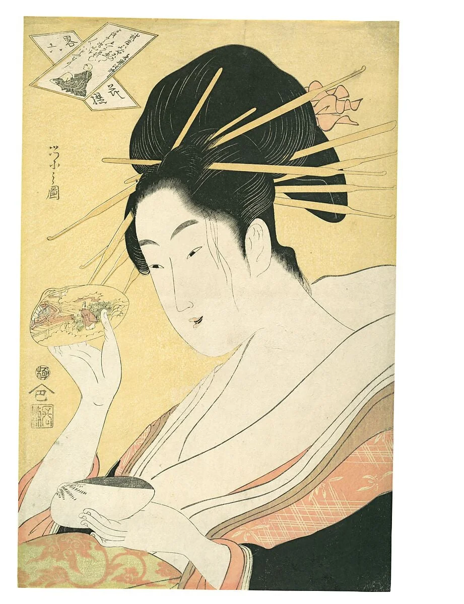 鳥文斎栄之画　「畧六花撰　喜撰法師」 |Matching Shells (Kai-awase), “Kisen Hōshi,” from the series Modern Parodies of the Six Poetic Immortals (Yatsushi rokkasen: Kisen Hōshi), by Chôbunsai Eishi, ink, 1797