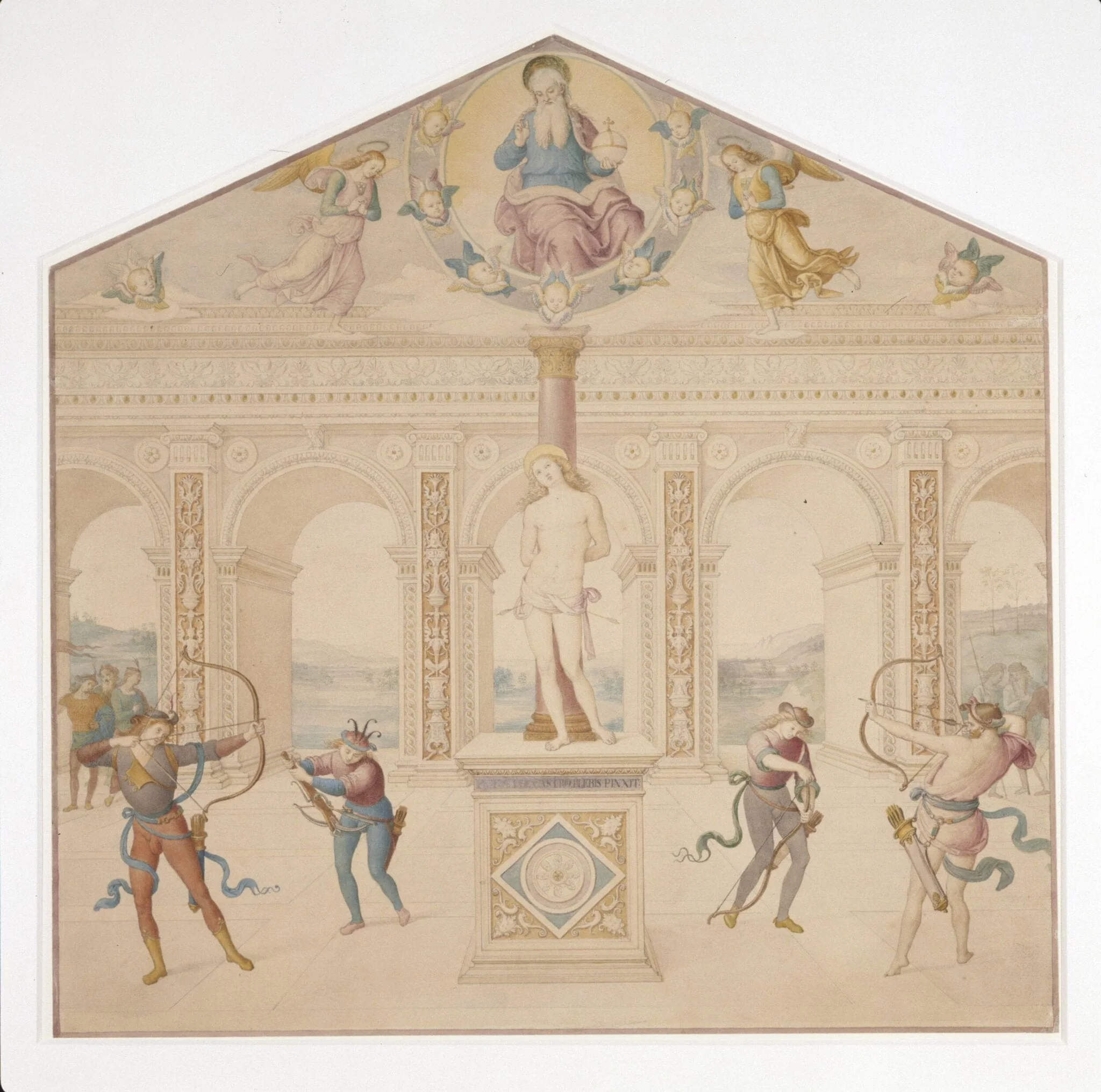 Copy after the painting Martyrdom of St Sebastian by Perugino in S. Sebastiano, Panicale., by Cesari Mariannecci, paint, 1856