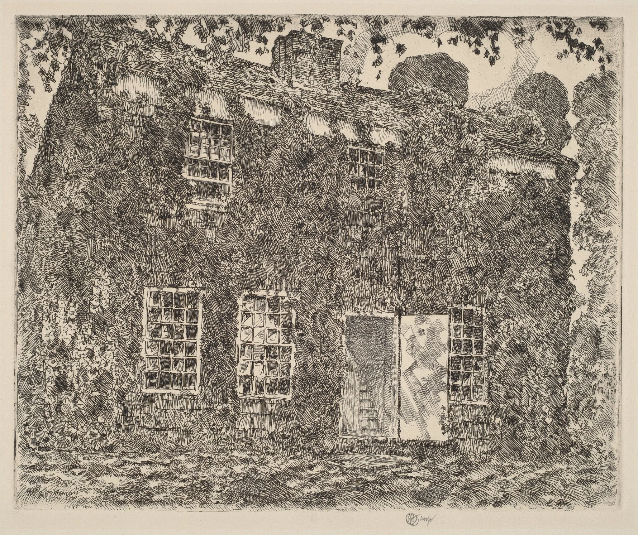 Home Sweet Home Cottage, No. 3, Easthampton, by Childe Hassam, ink, 1928