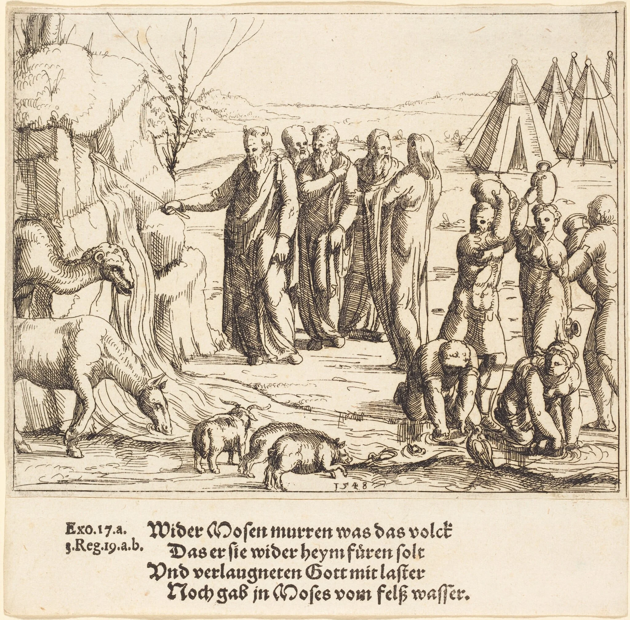Moses Striking the Rock, by Augustin Hirschvogel, ink, 1548