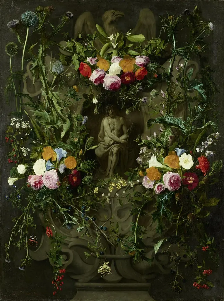 Christ in distress, sitting on the cold stone in a cartouche, surrounded by roses, thistles and other flowers