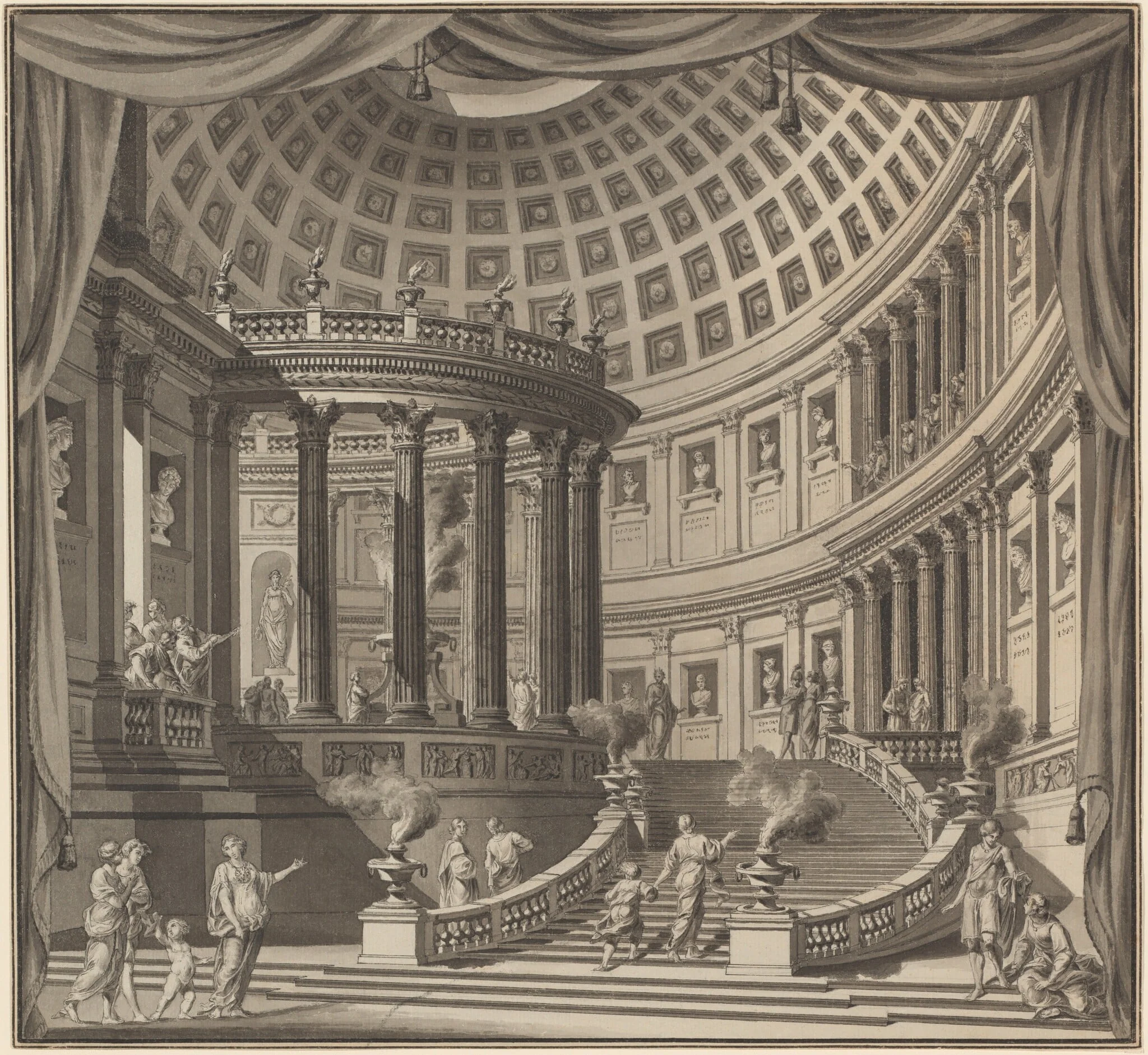 Design for a Stage Curtain: The Interior of an Elaborate Temple Dedicated to Illustrious Men, by Ennemond Alexandre Petitot, ink, 1784