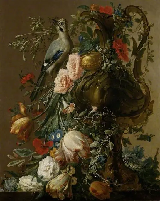 A sculpted stone vase with Roses, Anniula, Poppies, Convolvulus, with a Jay on a ledge