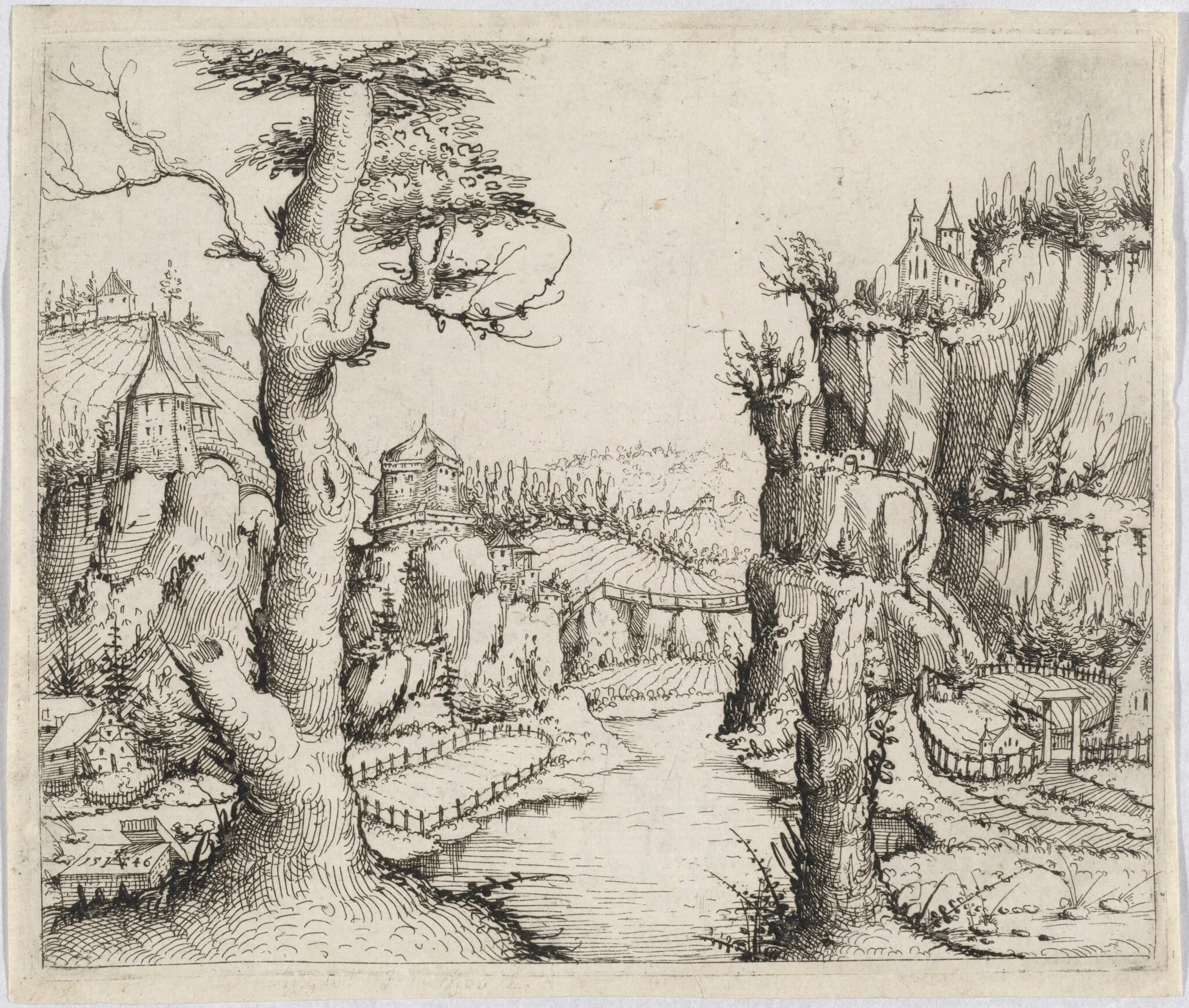 River Landscape with High Cliffs, by Augustin Hirschvogel, ink, 1546