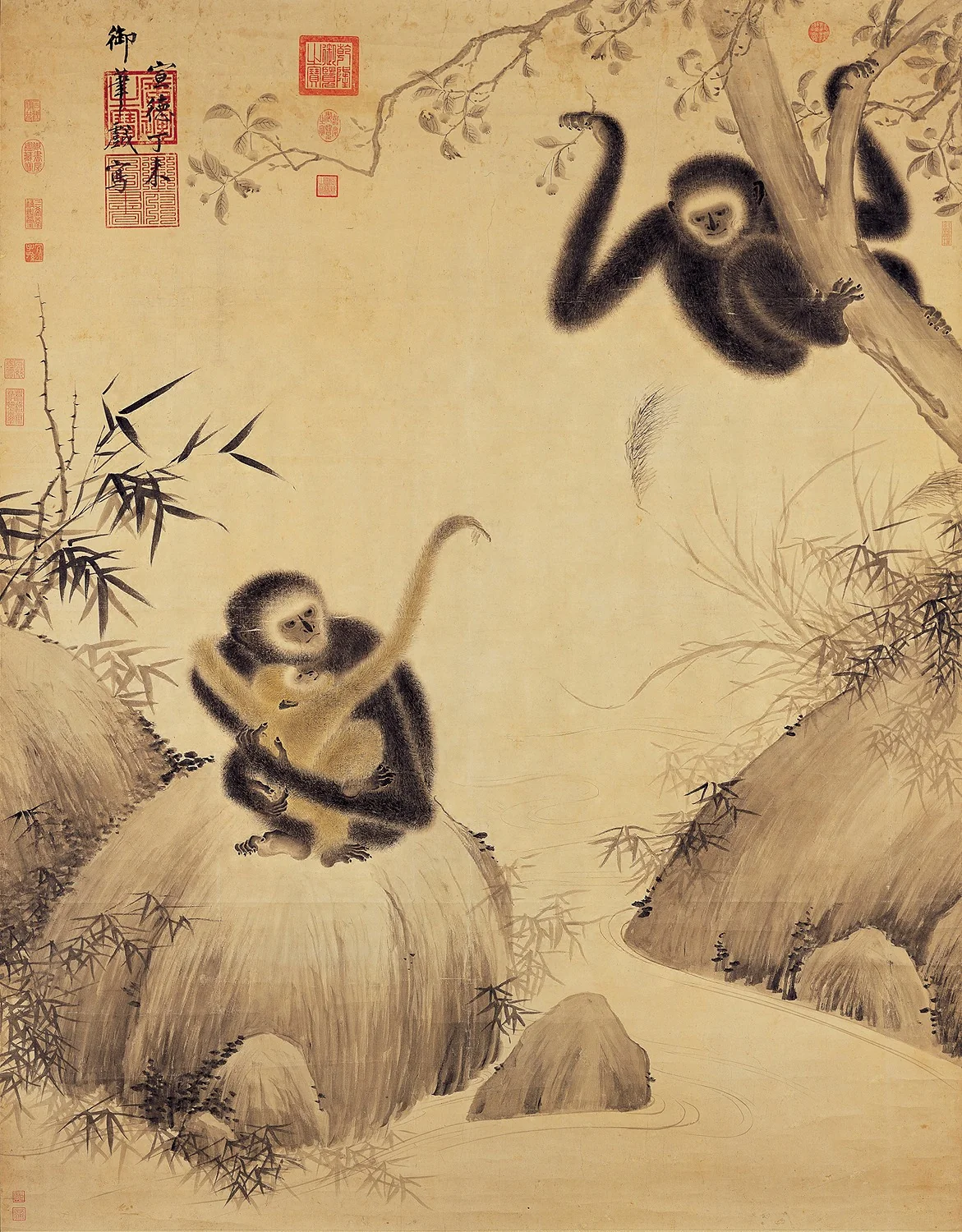 Gibbons at Play, by Xuande Emperor, unspecified, 1427