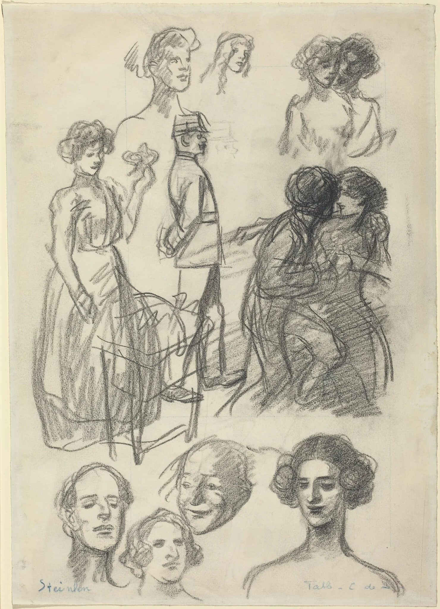 Sketches for "Lovers on a Bench", by Théophile Alexandre Steinlen, chalk, 1891