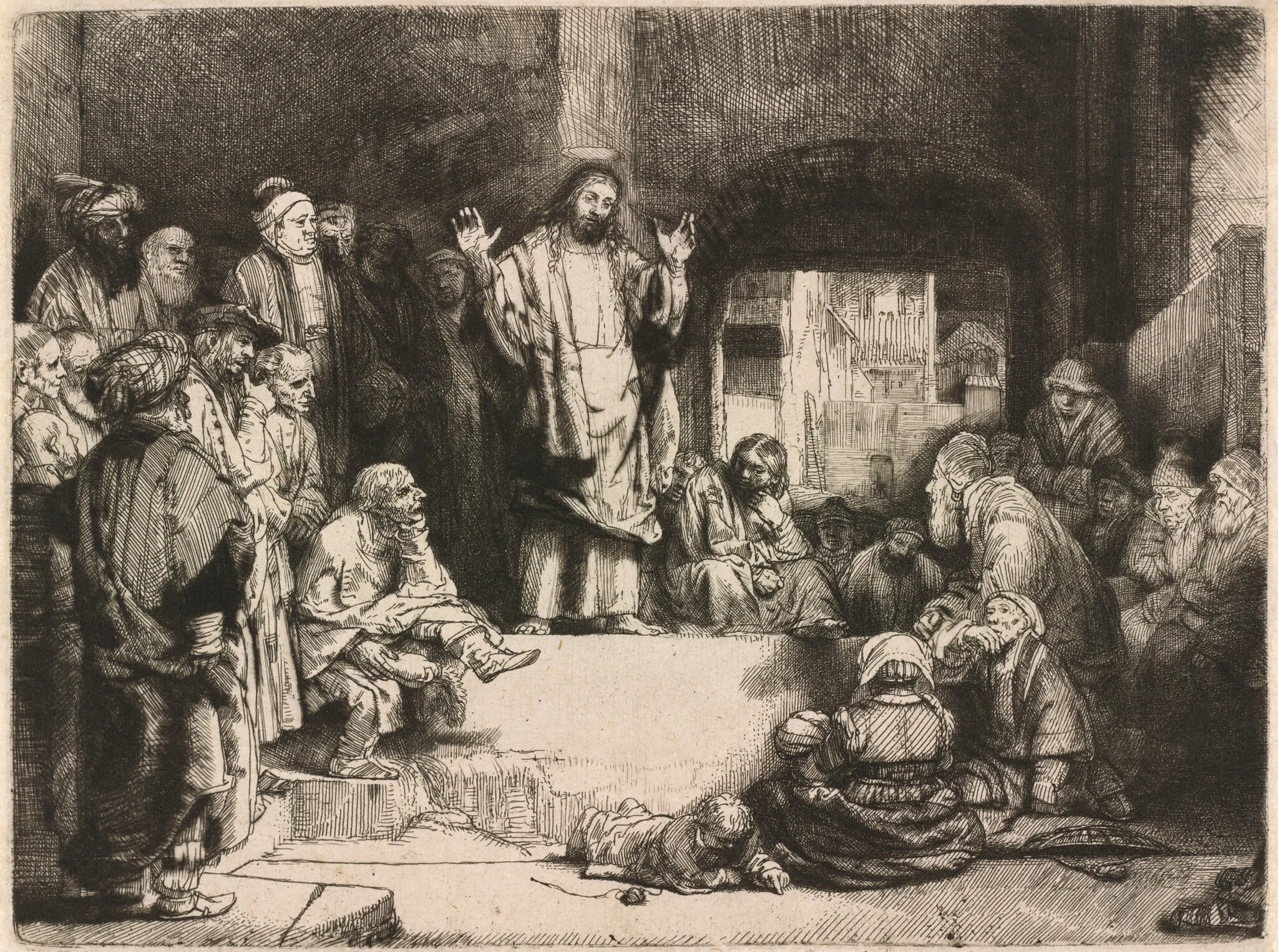 Christ Preaching (La petite Tombe), by Rembrandt, ink, 1652