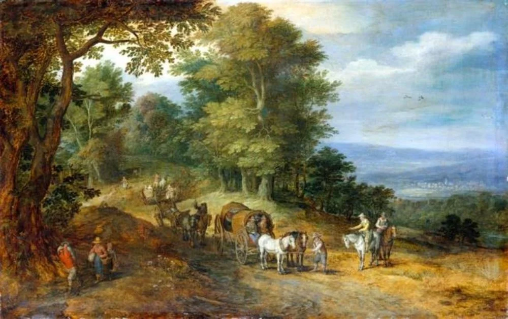 Hilly landscape with figures on a road, by Jan Brueghel, the elder, oil, 1607