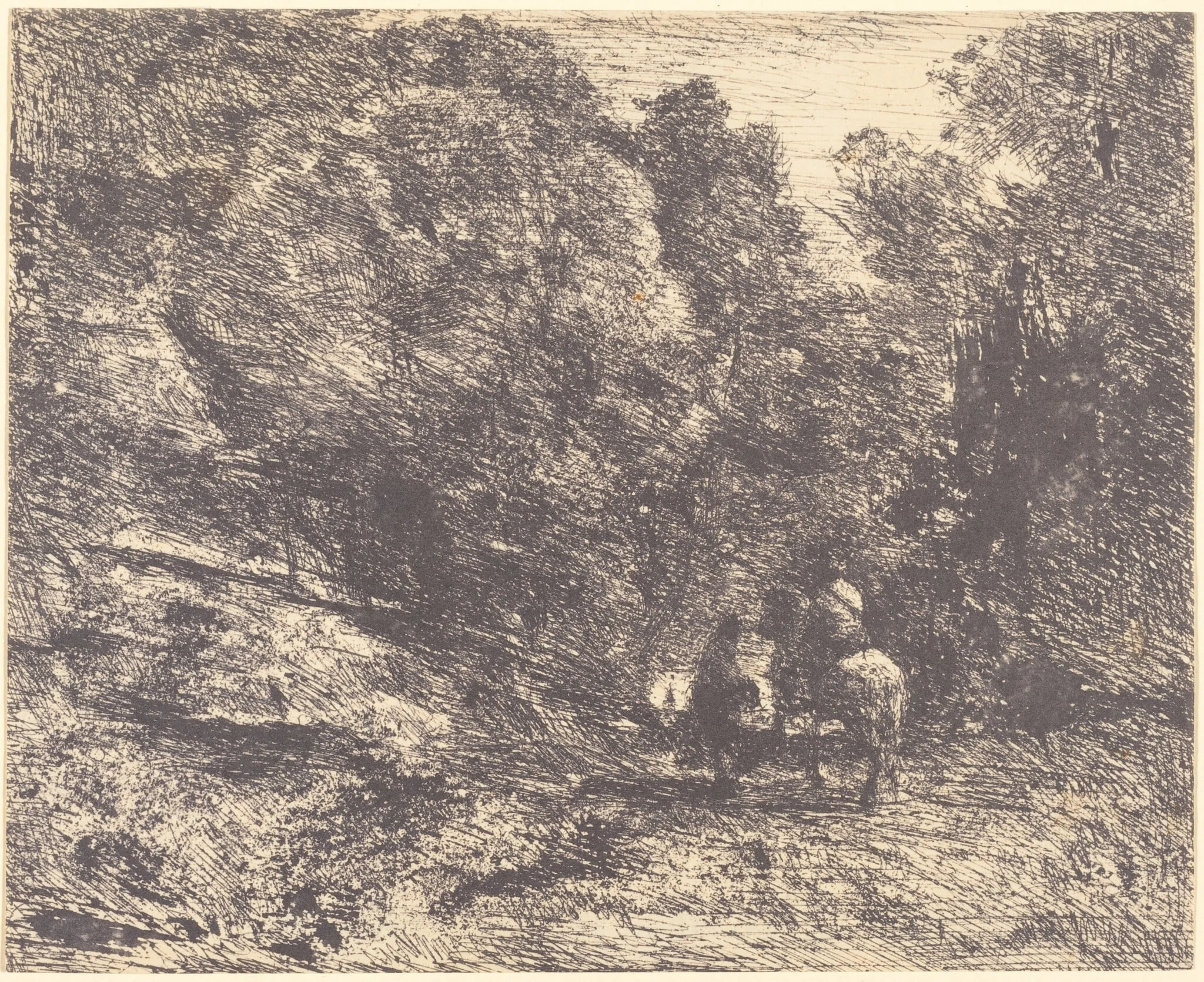Horseman and Vagabond in the Forest (Le Cavalier en forêt et le piéton), by Jean Baptiste Camille Corot, 1854