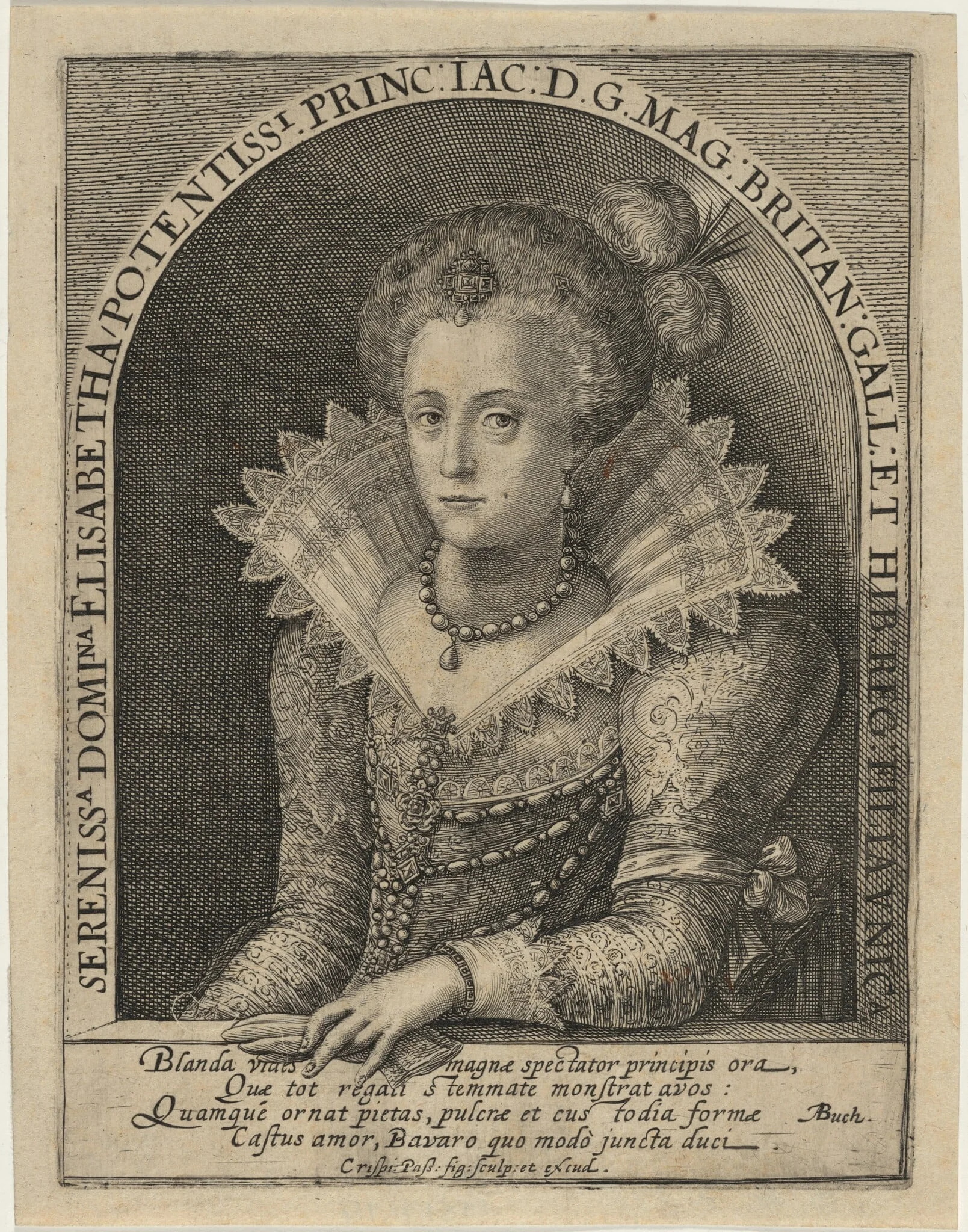 Elizabeth, Princess, Wife of the Elector Palatine Frederick V, King of Bohemia, by Crispijn van de Passe I, ink, 1601