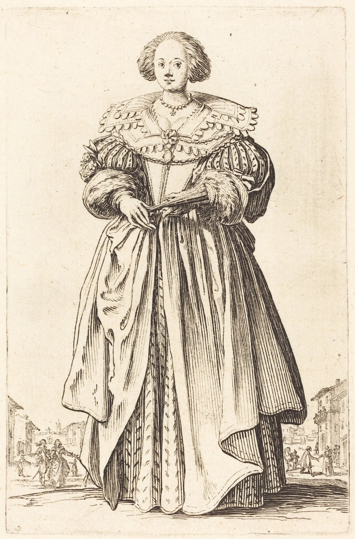 Noble Woman with Fan, by Jacques Callot, ink, 1622