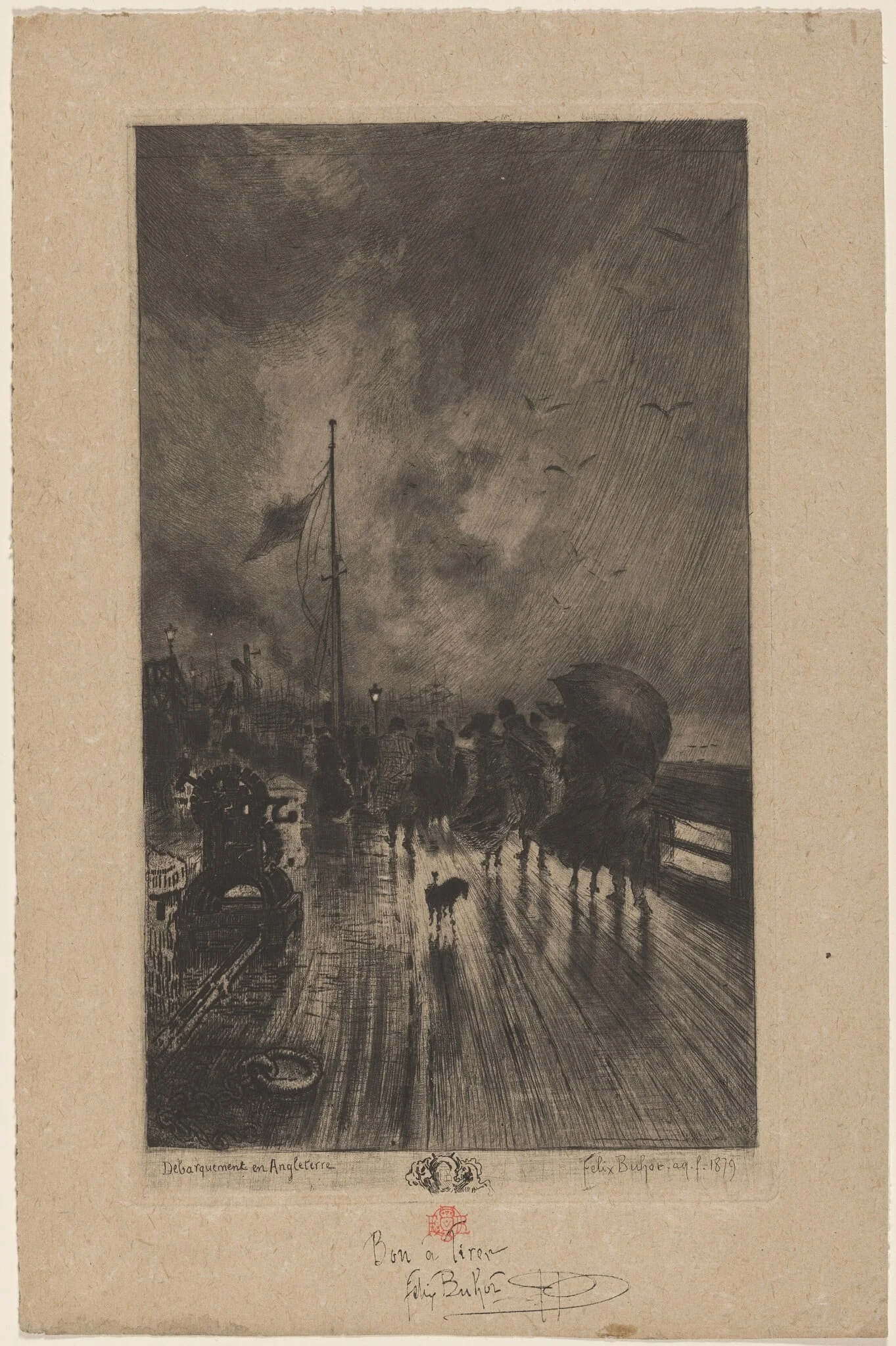 Un Débarquement en Angleterre (Landing in England), by Félix-Hilaire Buhot, ink, 1879