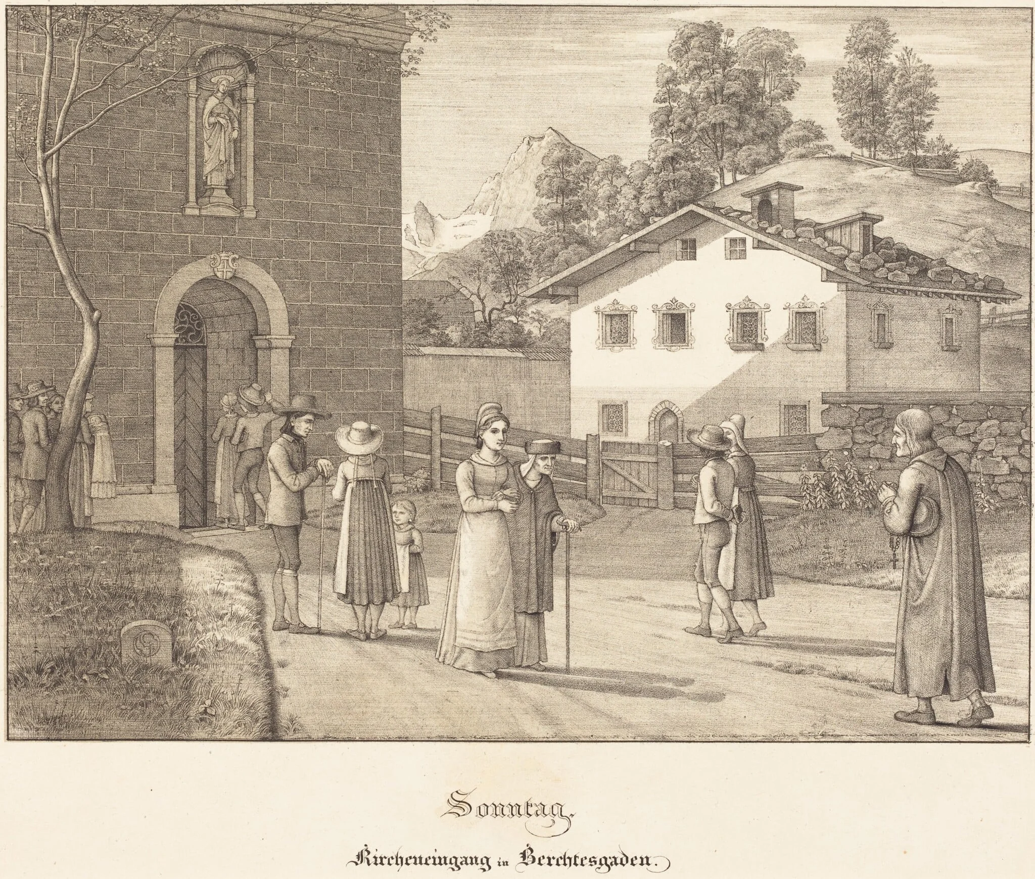 Sonntag - Kircheneingang in Berchtesgaden (Sunday - Going to Church near Berchtesgaden), by Ferdinand Olivier, ink, 1823