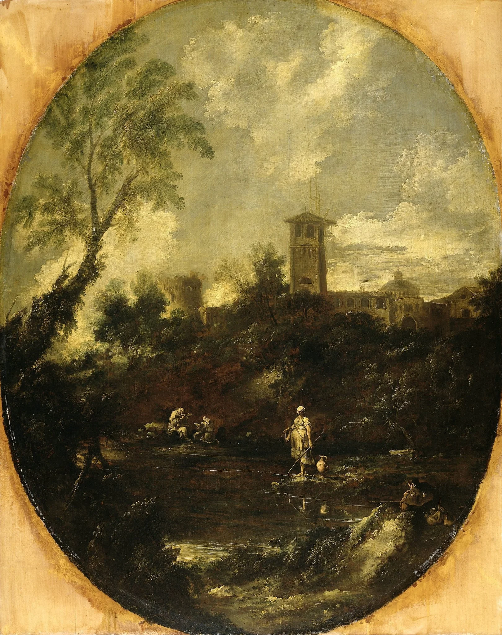Landscape with Monks, Pilgrim and Peasant Woman, by Unknown, unspecified, 1715