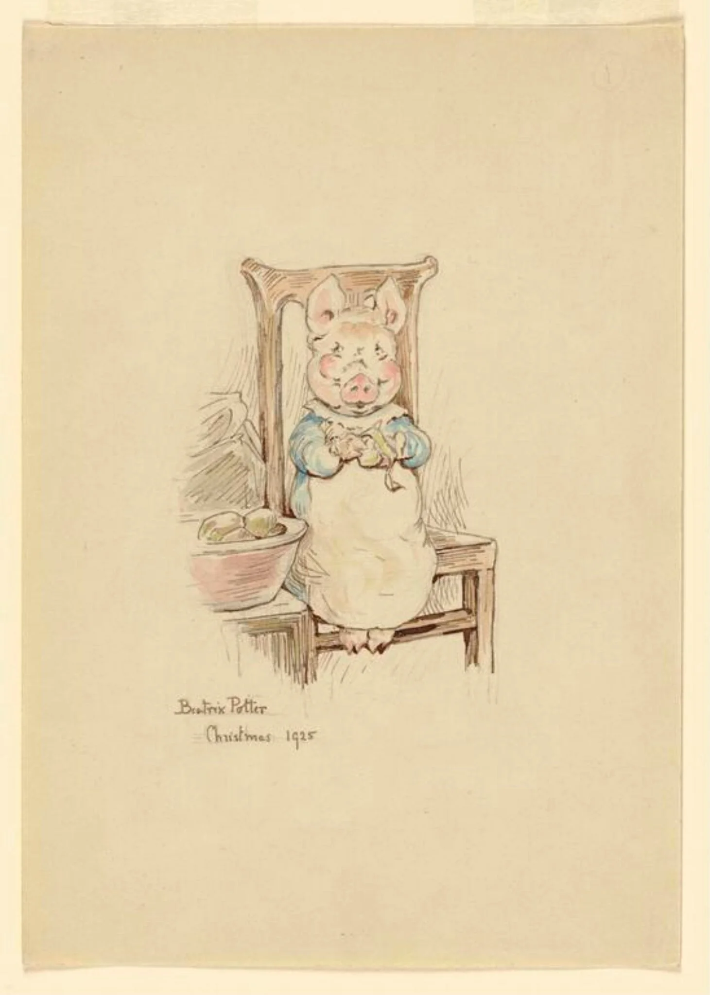 Design for a Christmas card: little pig sitting in a chair, by Beatrix Potter, watercolor, 1925