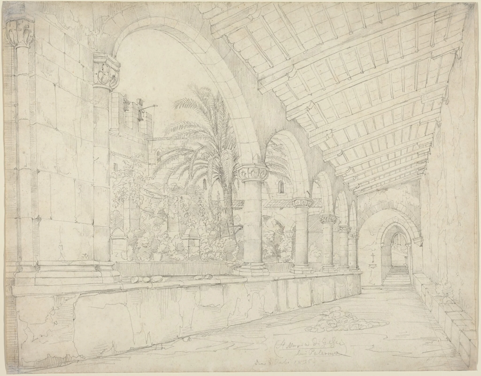 The Cloister of Santa Maria di Gesù at Palermo, by Anton Hallmann, graphite, 1835