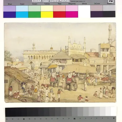 Street scene with gateway and a mosque, Lucknow