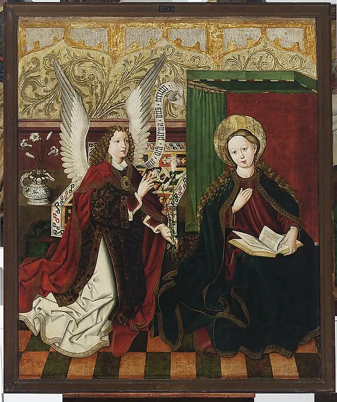 Legnica polyptych - left wing internal - upper panel - obverse: Annunciation; reverse: St Lawrence, St Vincent the Levite. St John the Baptist