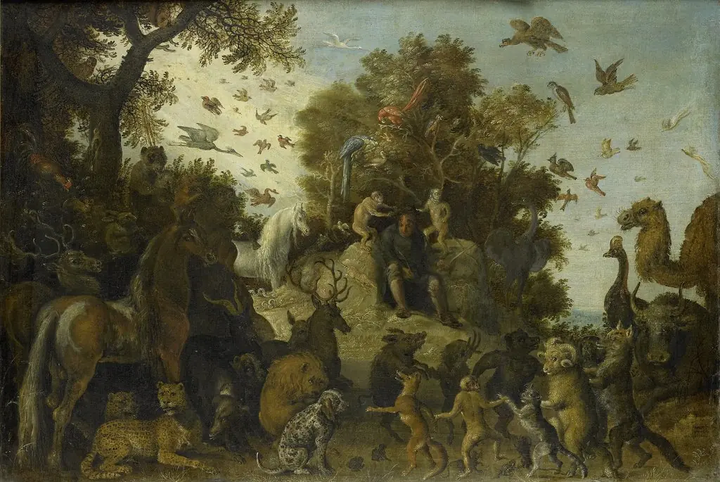 The poet crowned by two apes at the feast of the animals