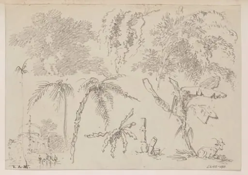 Studies of palms and other foliage, with a domed tomb and a goat