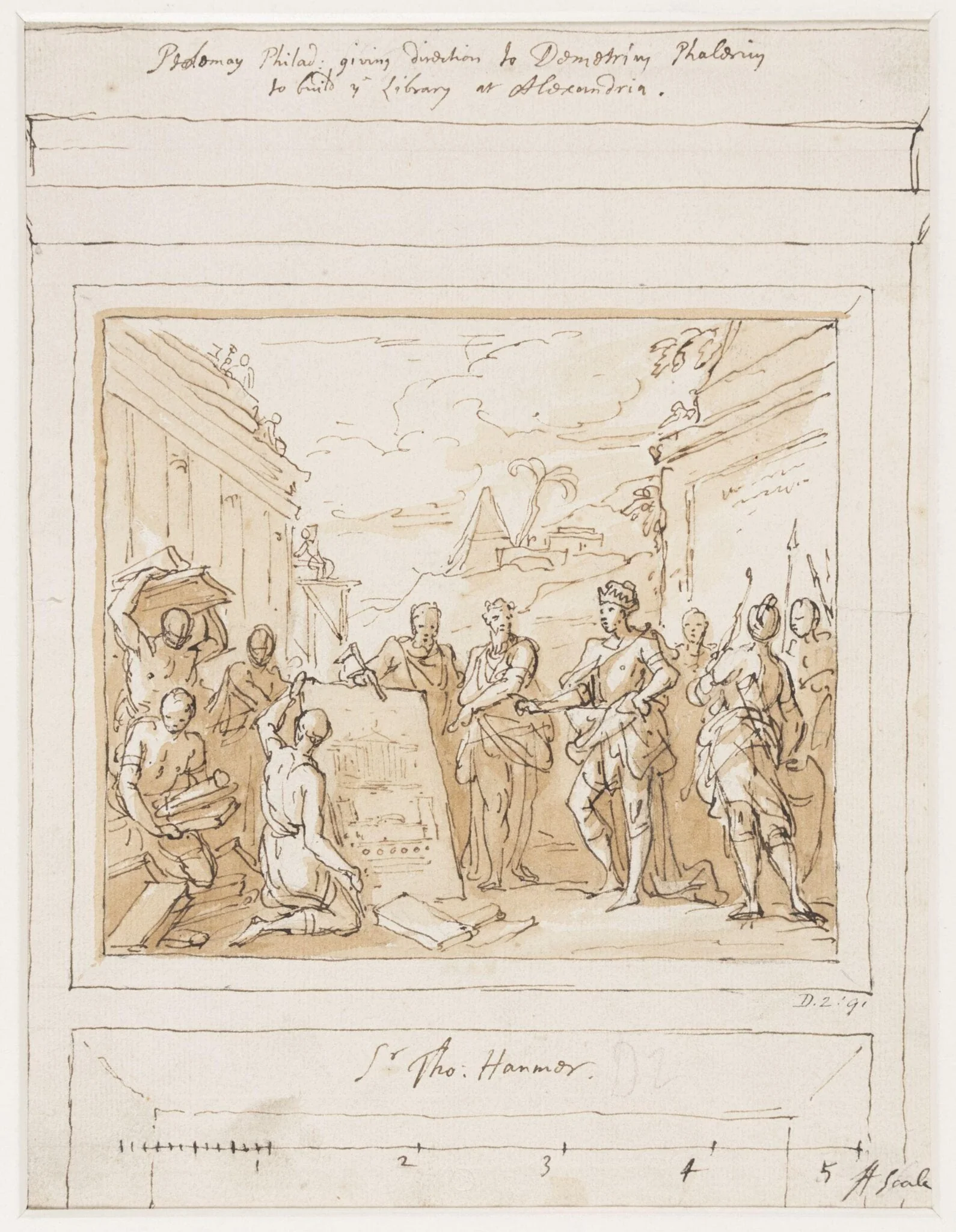 Design for a painting within an architectural setting depicting Ptolemy I commissioning the Library at Alexandria, by James Thornhill, 1750