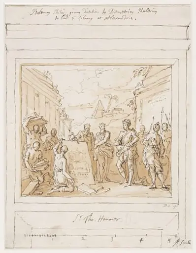 Design for a painting within an architectural setting depicting Ptolemy I commissioning the Library at Alexandria