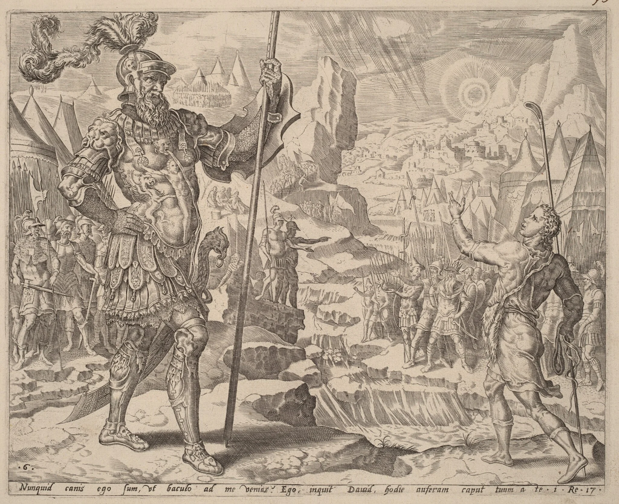 David Meeting Goliath, by Dutch 16th Century, ink, 1556