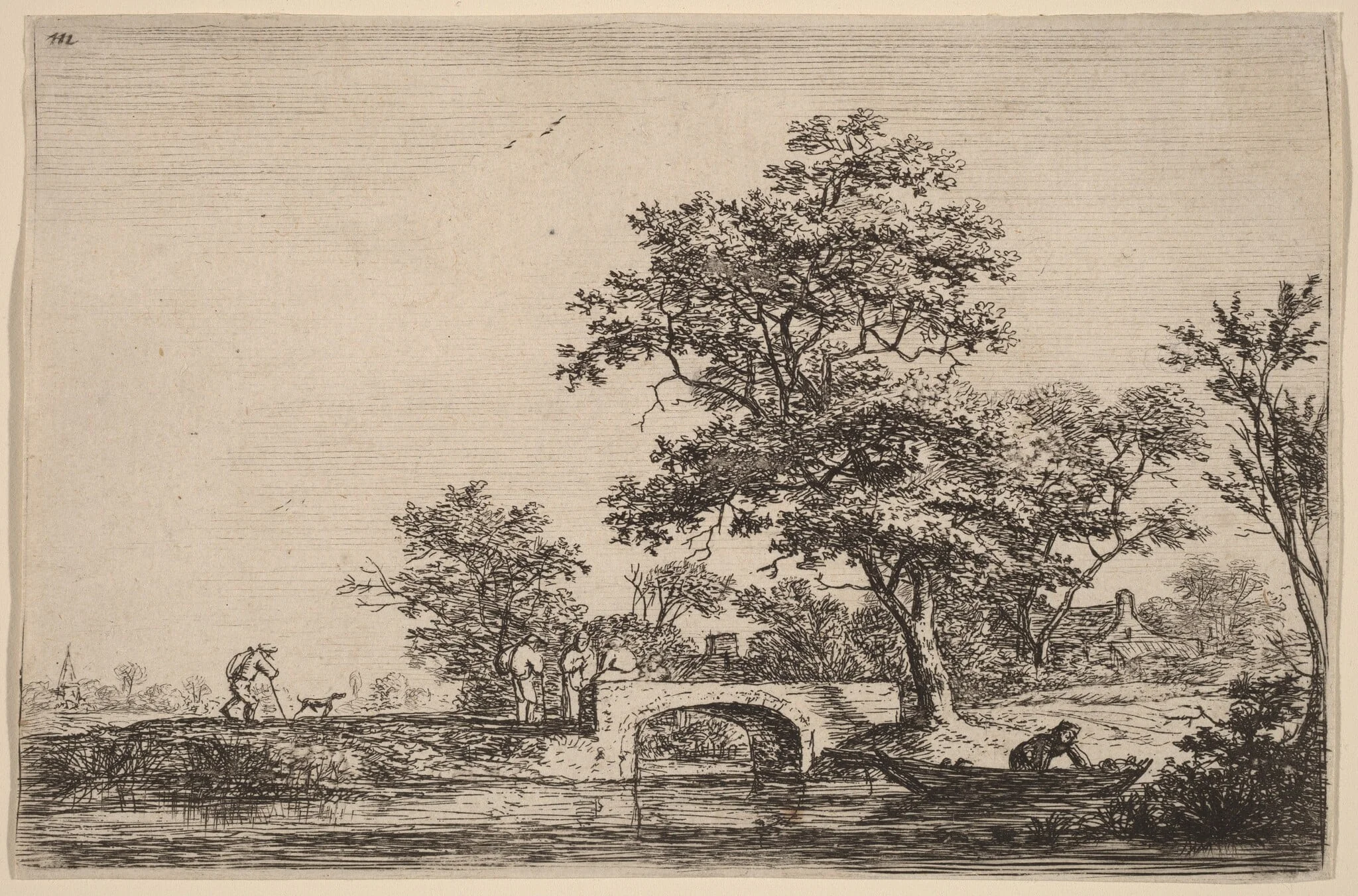 Four Men on a Stone Bridge, by Antonie Waterloo, ink, 1650