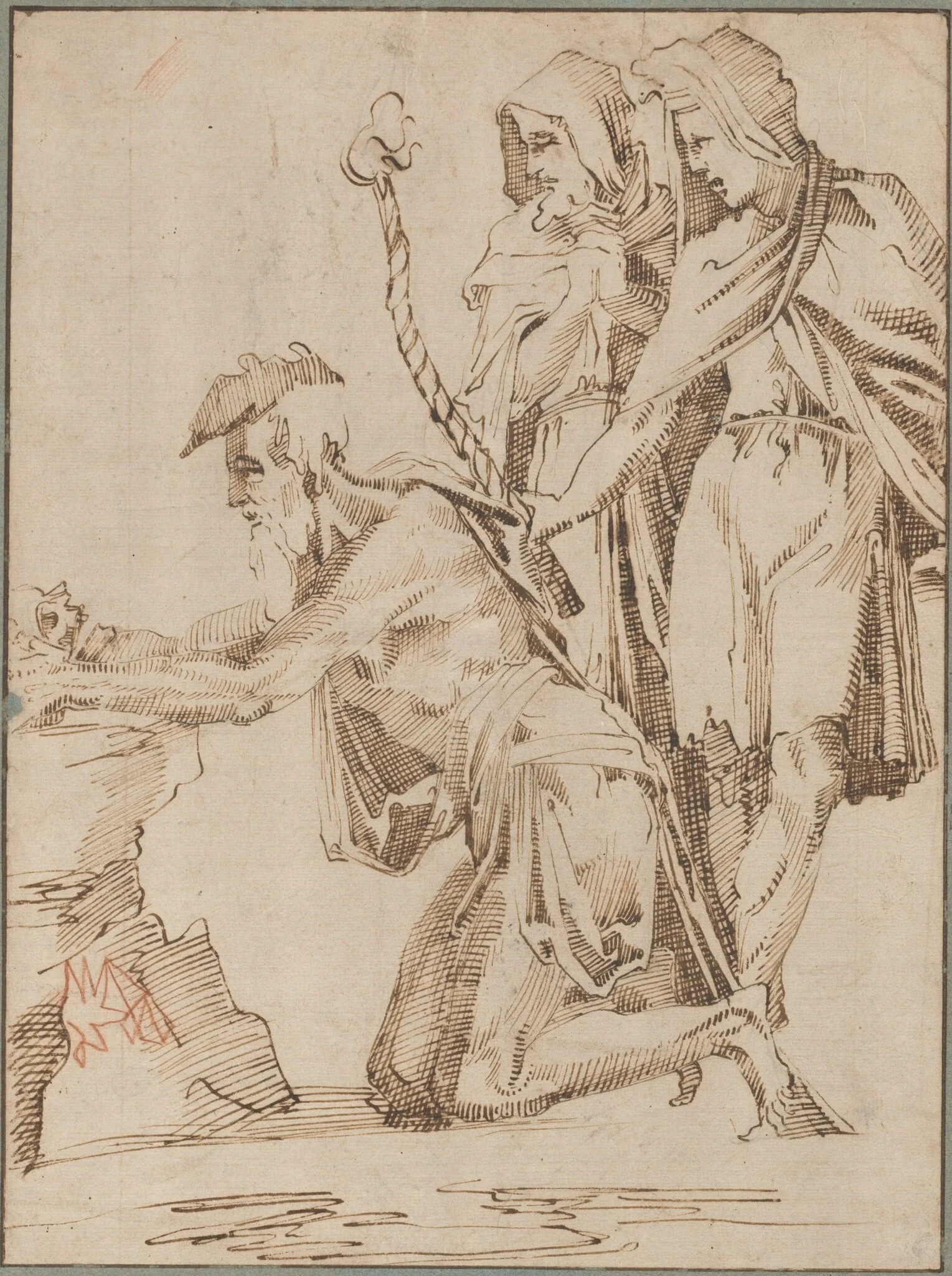 Kneeling Hermit and Two Draped Figures Contemplating a Skull