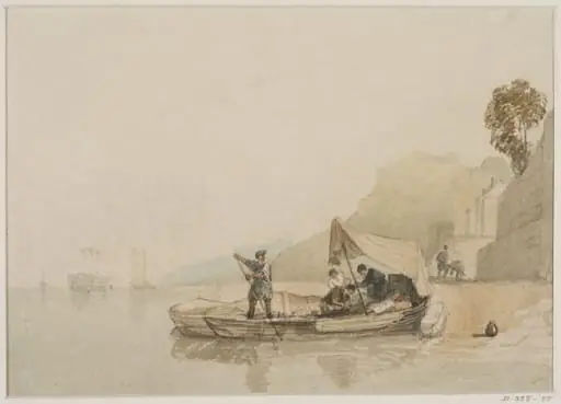 Coastal scene with boats and figures
