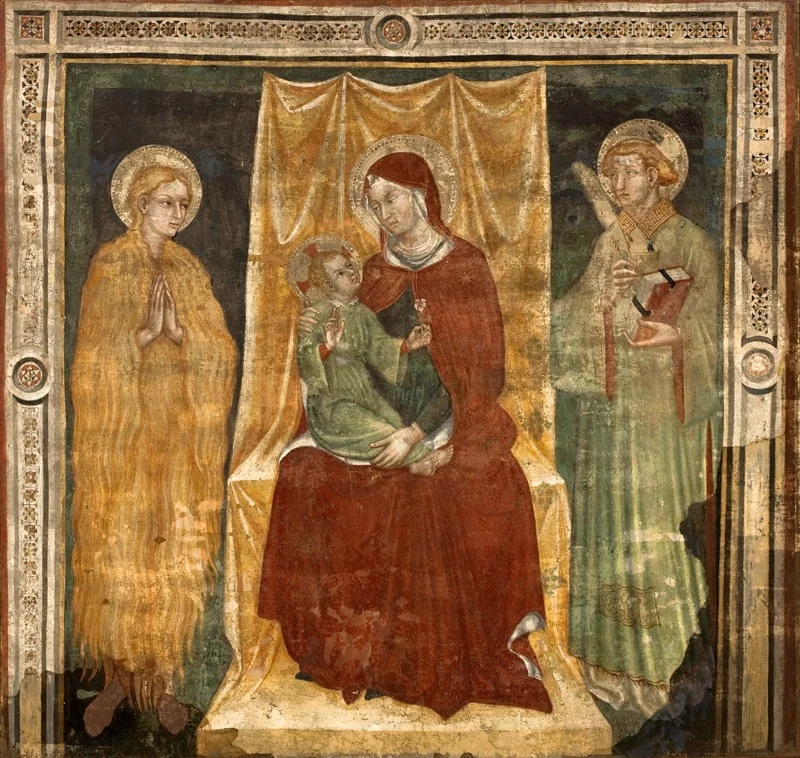 Madonna and Child between Saint Magdalene and Saint Stephen Protomartyr, by Ottaviano Nelli, fresco, 1450