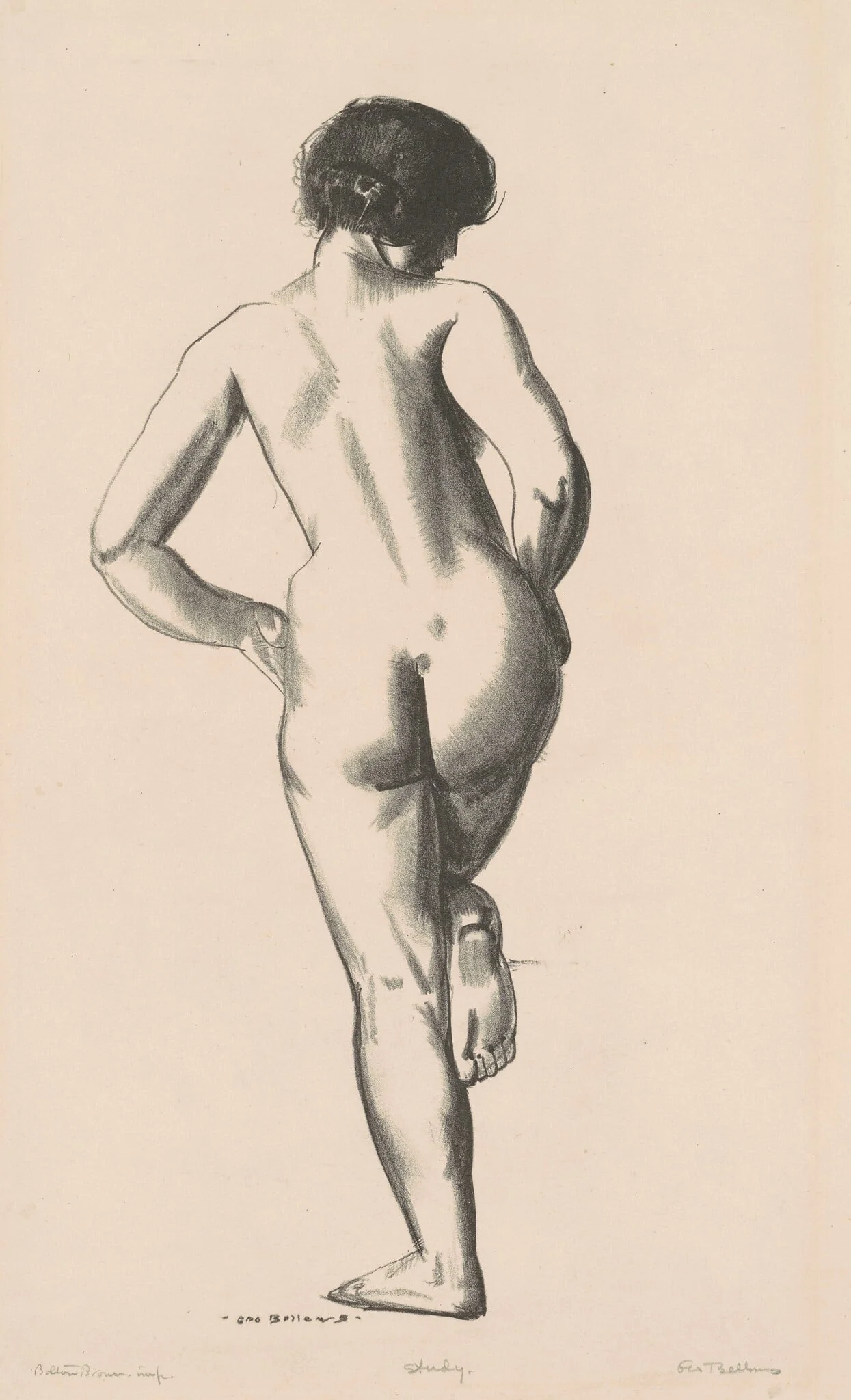 Nude Study, Girl Standing on One Foot, by George Bellows, ink, 1924