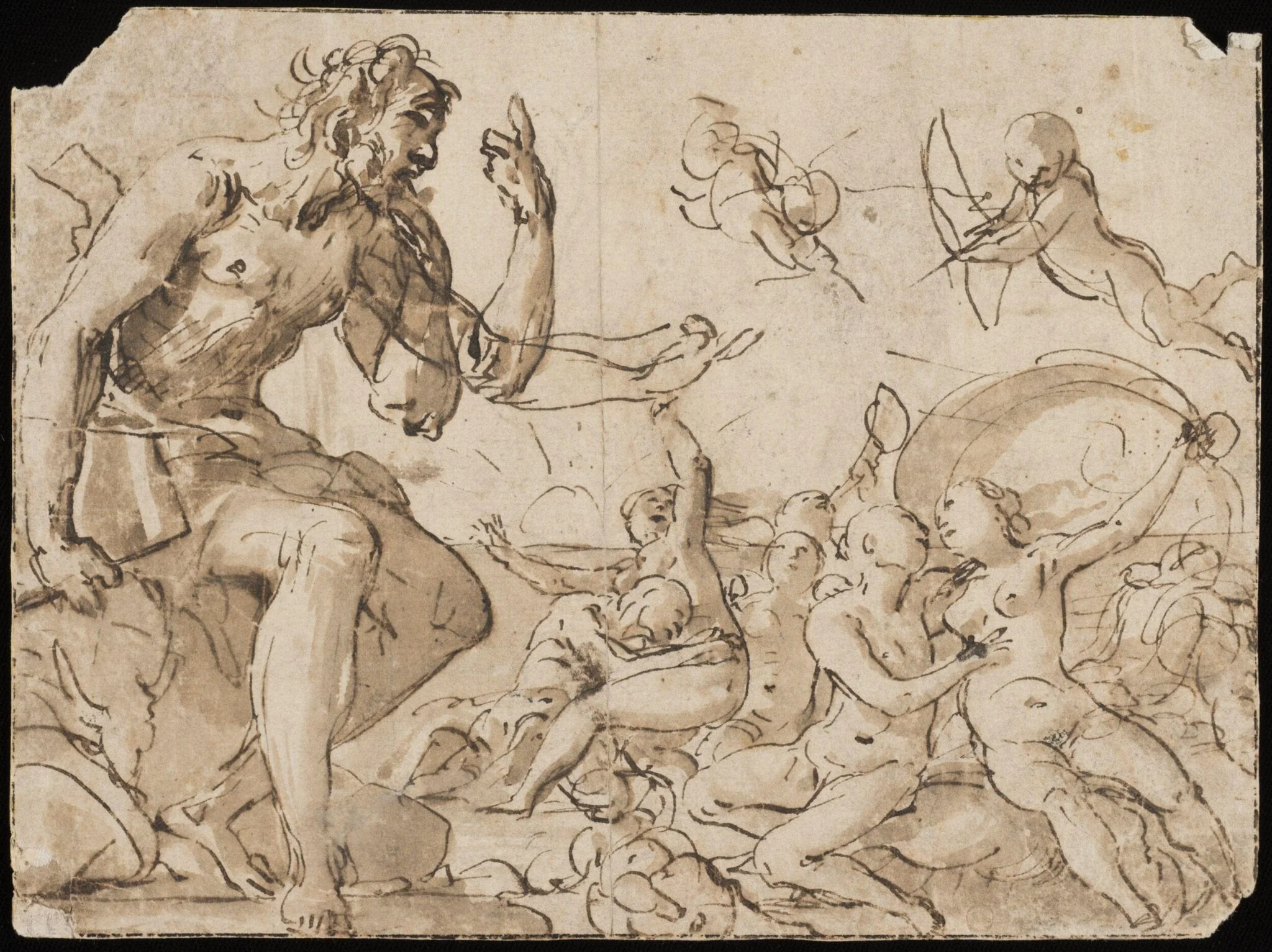 Sea-nymphs playing with tritons and a man; on the left a semi-draped giant, holding a book or stone, seated on a rock; possibly Polyphemus with Acis and Galatea, by Giovanni Baglione, 1650