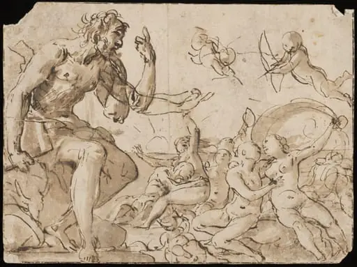 Sea-nymphs playing with tritons and a man; on the left a semi-draped giant, holding a book or stone, seated on a rock; possibly Polyphemus with Acis and Galatea