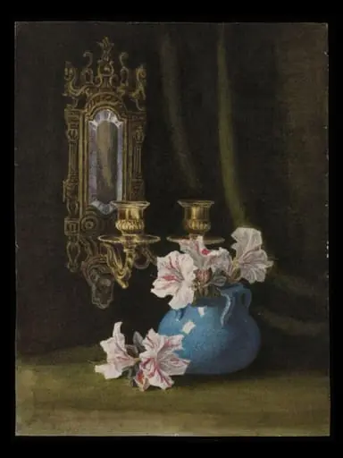 Still life study of a blue vase with pink and white pelargoniums and double wall sconce