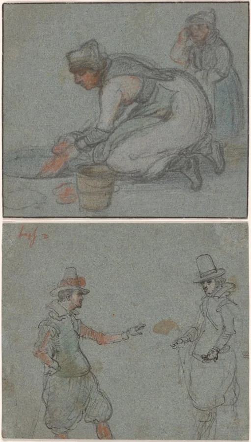 A Woman Doing Laundry in an Ice Hole (recto); Two Gentlemen (verso), by Hendrick Avercamp, 1618