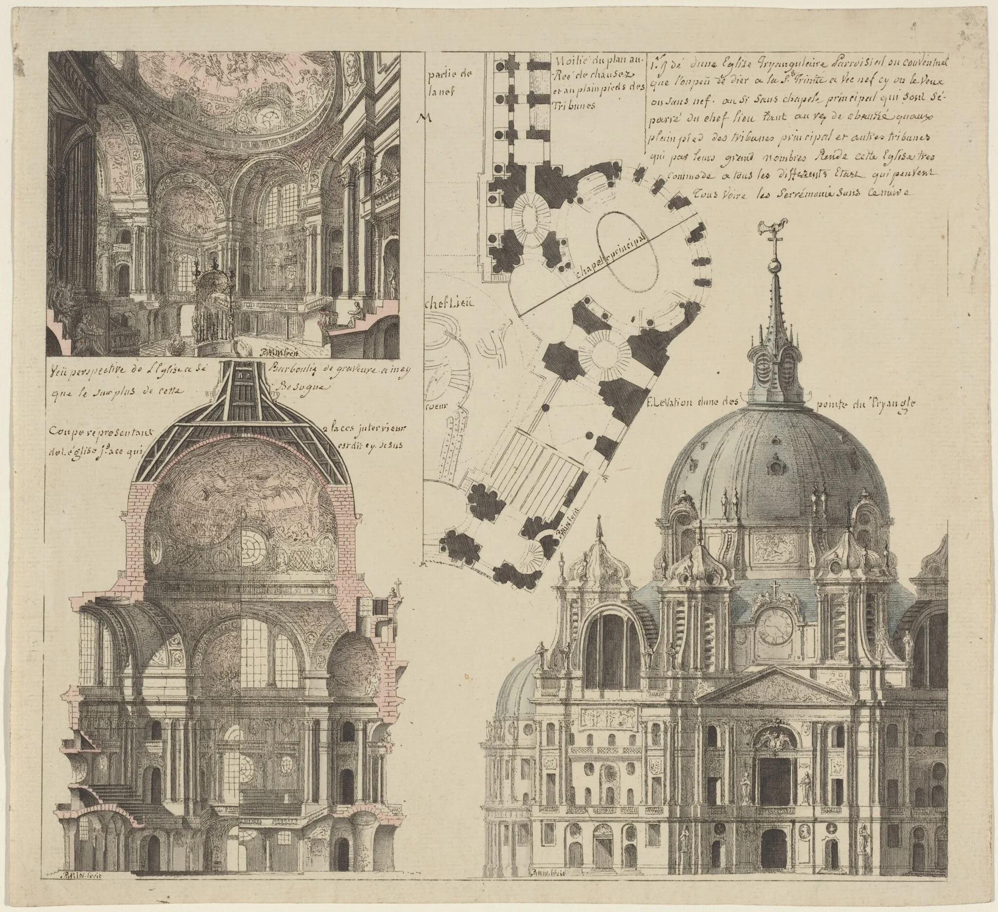 Three Views and a Plan of a Triangular Parish Church, by Pierre Varin, ink, 1750