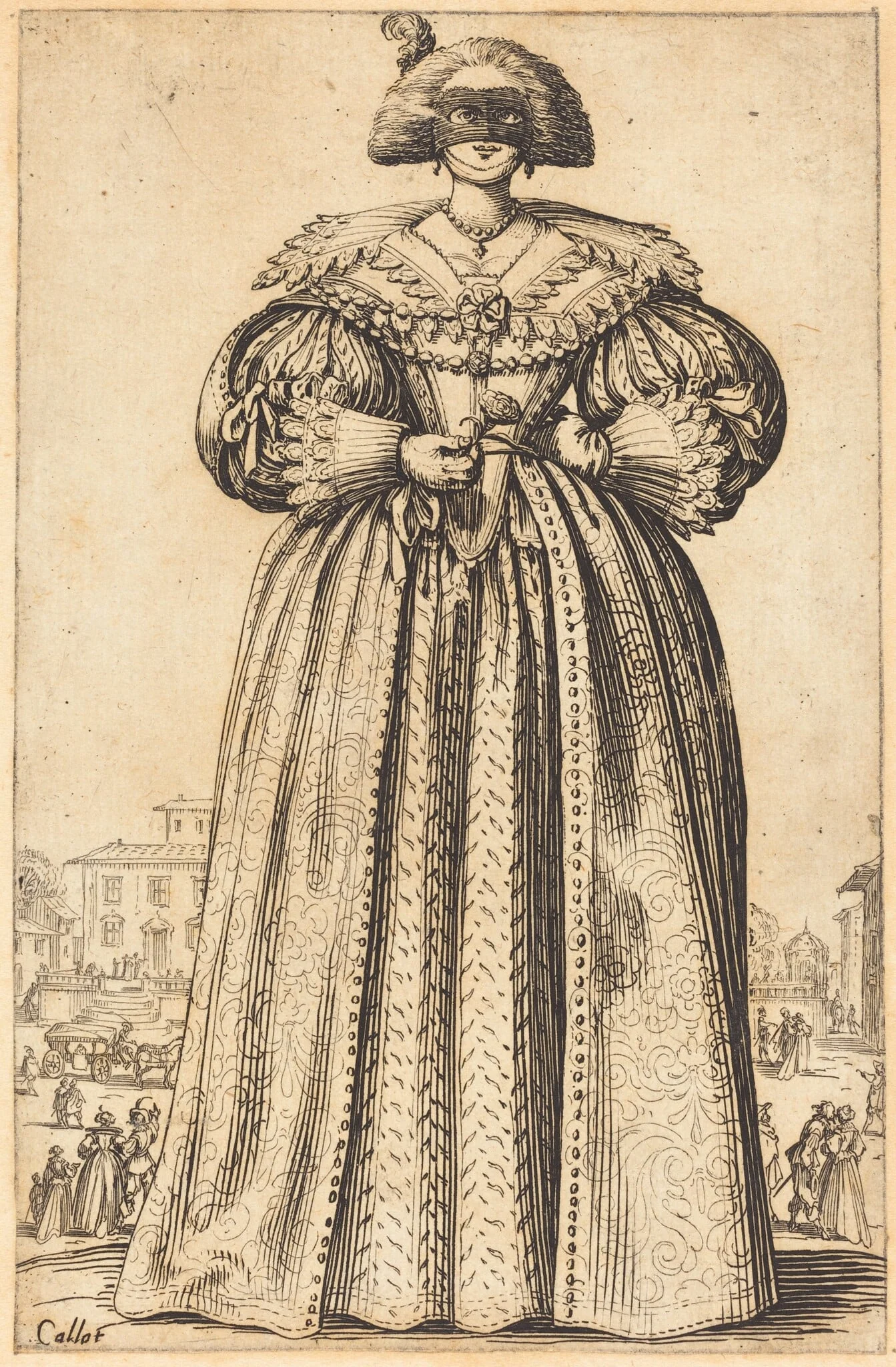 Masked Noble Woman, by Jacques Callot, ink, 1622