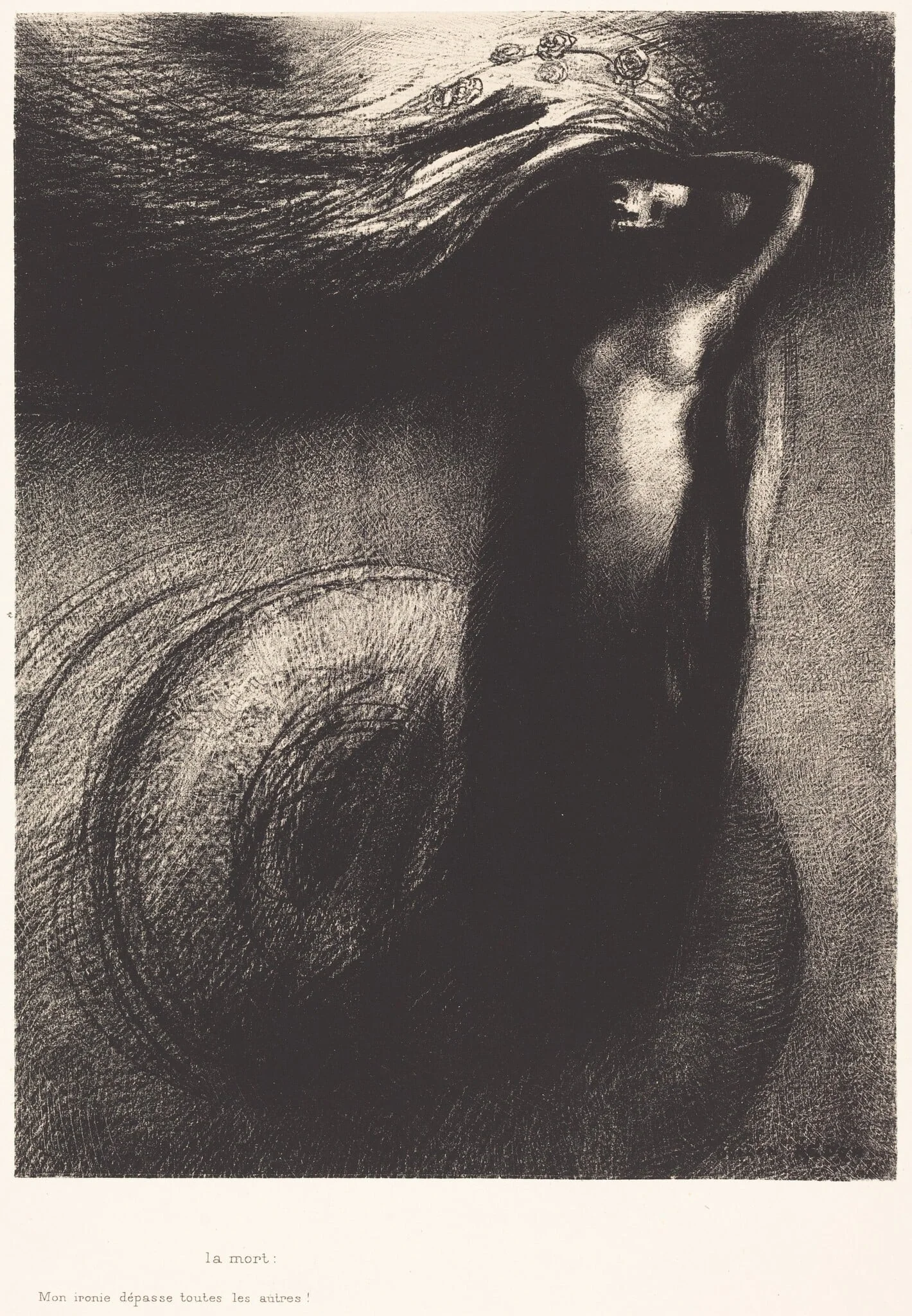 La Mort: Mon ironie depasse toutes les autres! (Death: My iron surpasses all others!), by Odilon Redon, ink, 1889