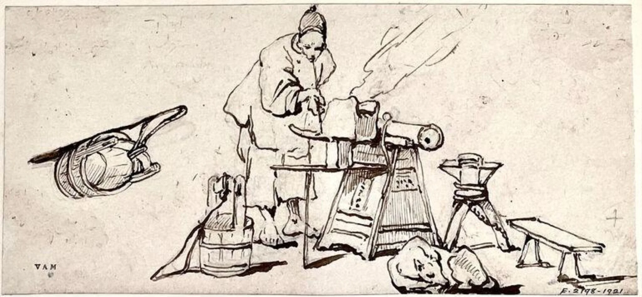 A blacksmith with his eqipment and a sleeping dog, by George Chinnery, 19