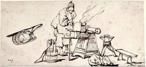 A blacksmith with his eqipment and a sleeping dog