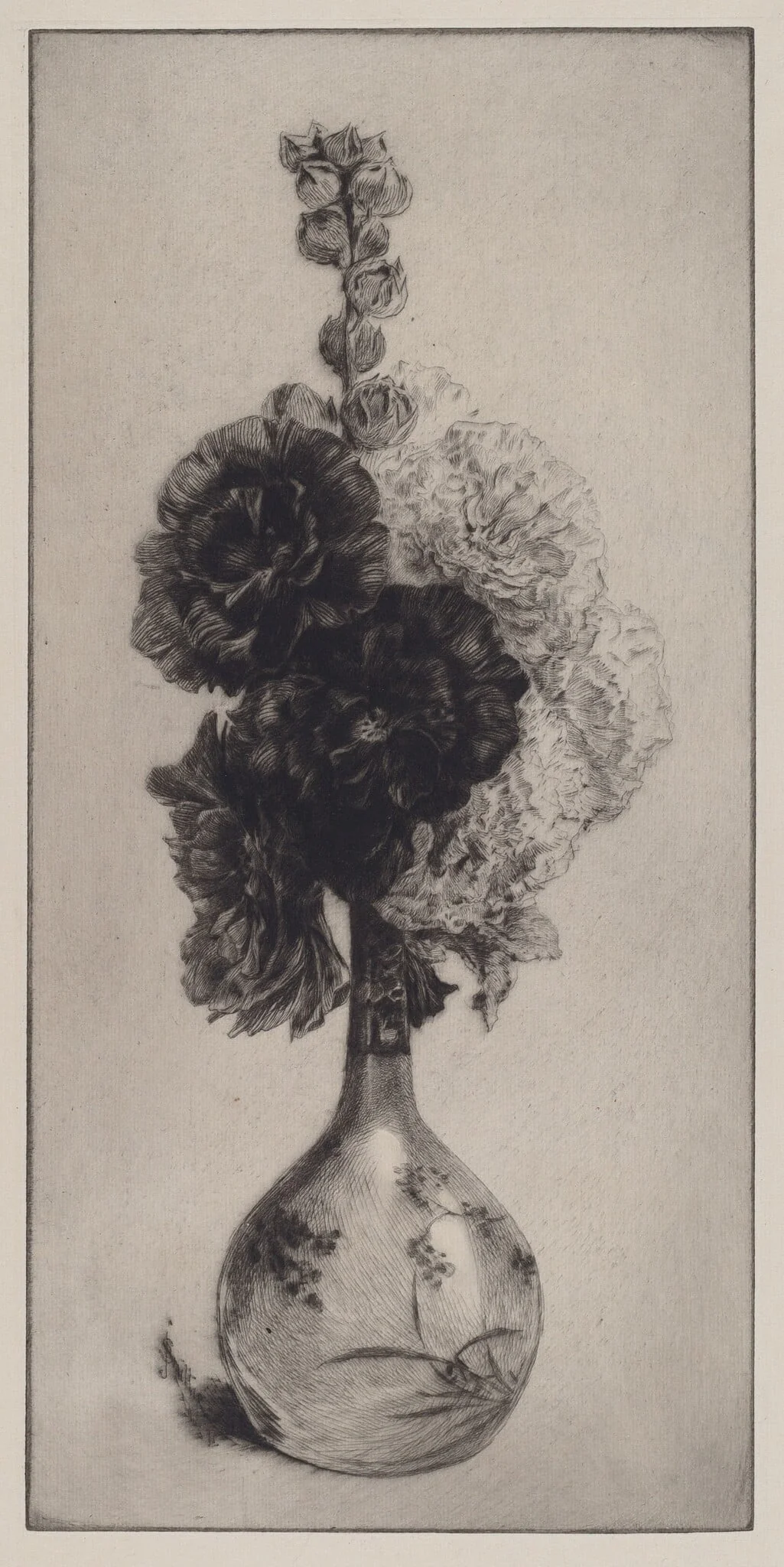 Hollyhocks in a Long-Necked Vase, by James David Smillie, ink, 1891