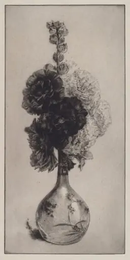 Hollyhocks in a Long-Necked Vase