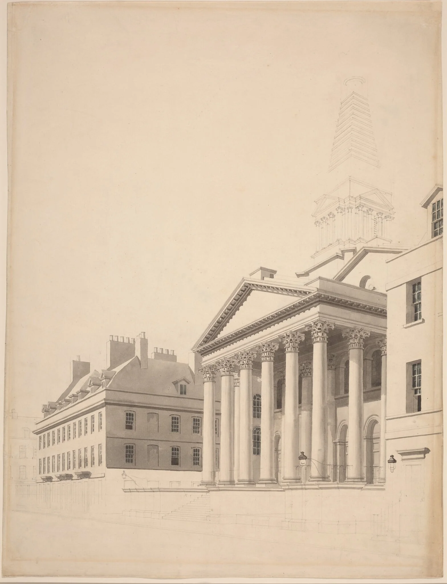 St. George's, Bloomsbury, by Thomas Malton, ink, 1799