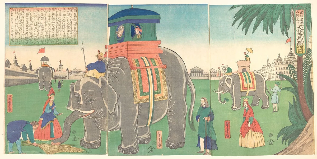 Tenjiku maru no zu|A View of Indian Elephants, by Utagawa Yoshitora, ink, 6