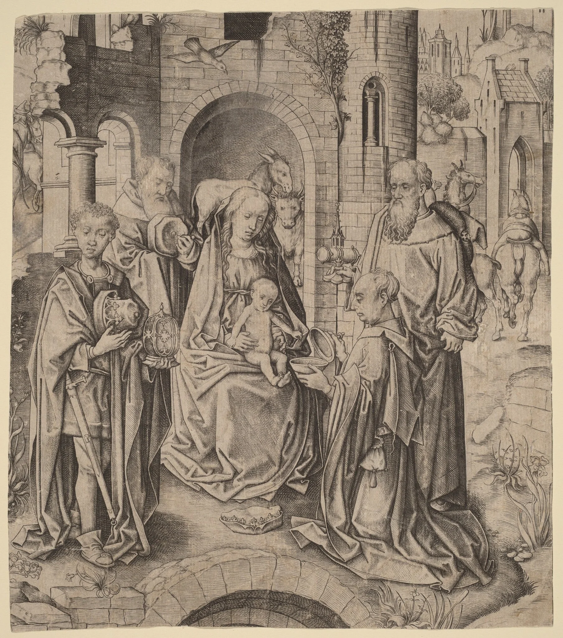 The Adoration of the Magi, by Master I.A.M. of Zwolle, ink, 1482