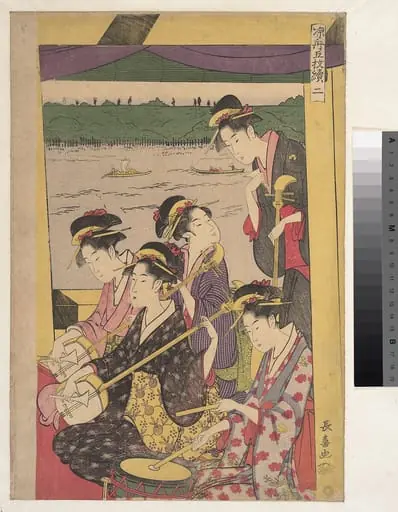 Suzumibune gomai-e; Ni|A Party of Geisha in a Suzumi-bune, i.e. "cooling-off boat."  (Second Scene of a Boating Party)